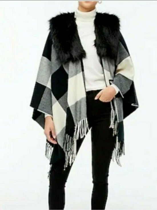 J. Crew Sweaters - J. Crew Black and Gray Plaid Faux-Fur Collar Poncho